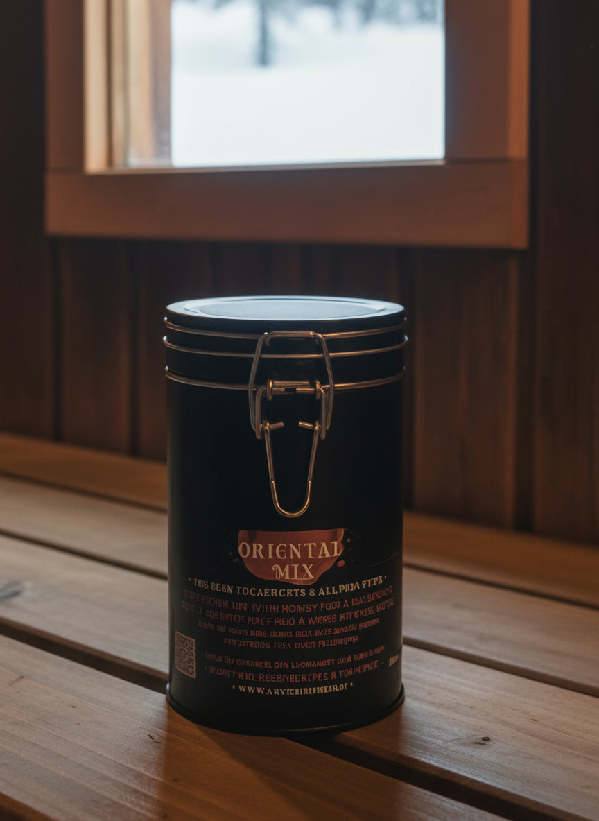 'Oriental Mix' on a wooden surface with a window in the background.