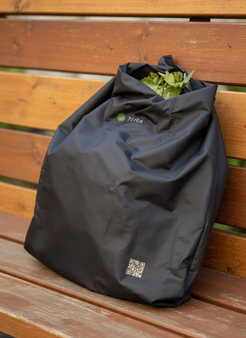 Black bag with green contents on a beige surface, featuring the brand 'Tera'.