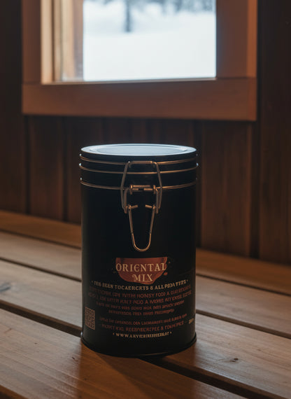 'Oriental Mix' on a wooden surface with a window in the background.